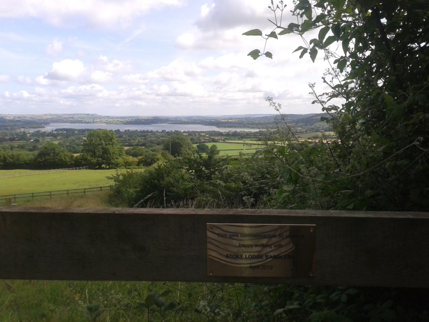Plaque on Kissing Gate overlooking Chew Valley Lake at Compton Martin 