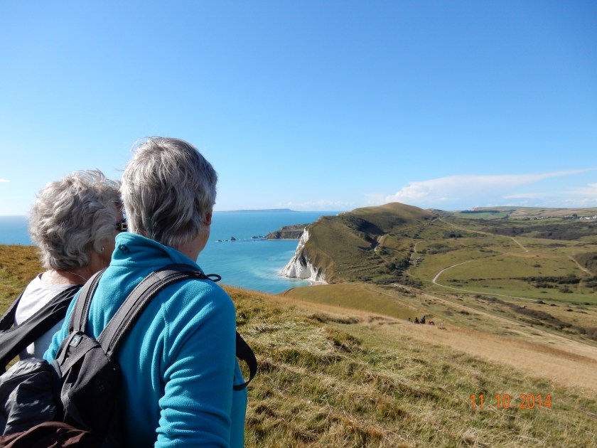 Wendy and Gill looking out at the coastline to the east of Lulworth Cove
