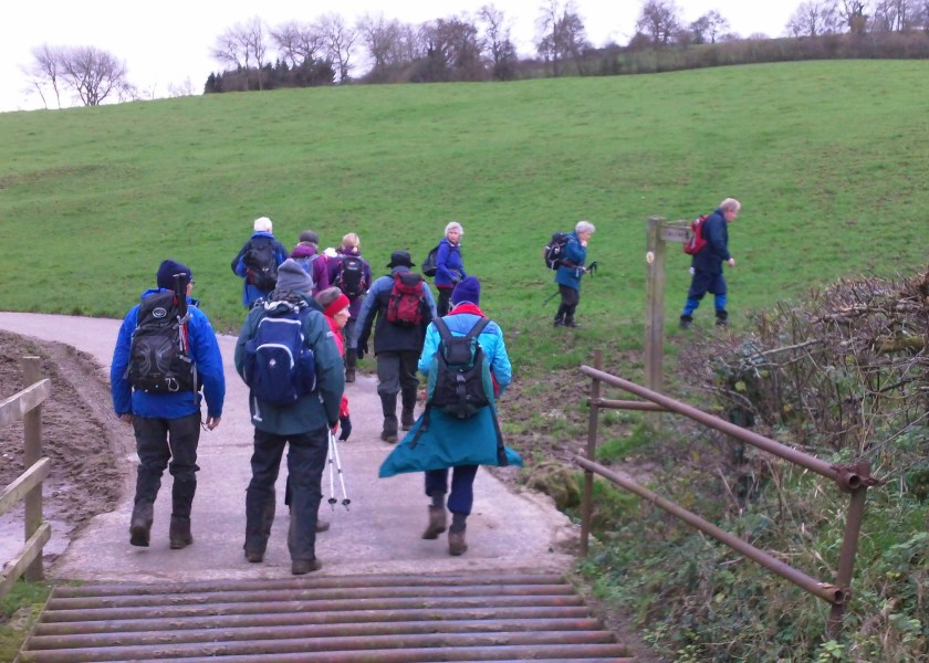 Group leave the hard surface for the muddy Cotswold Way early in the walk.