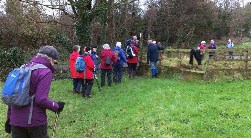 Group wait to get over a tall stile near the end of the walk