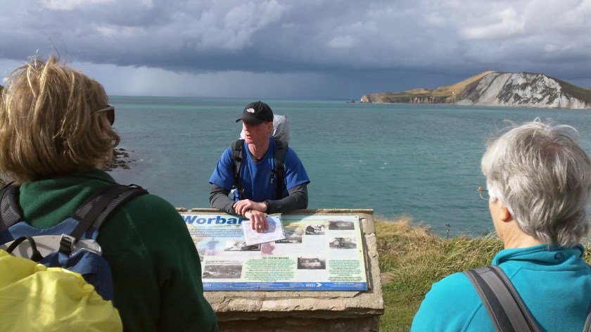 Walk Leader Floss at the Information Board at Worbarrow Bay
