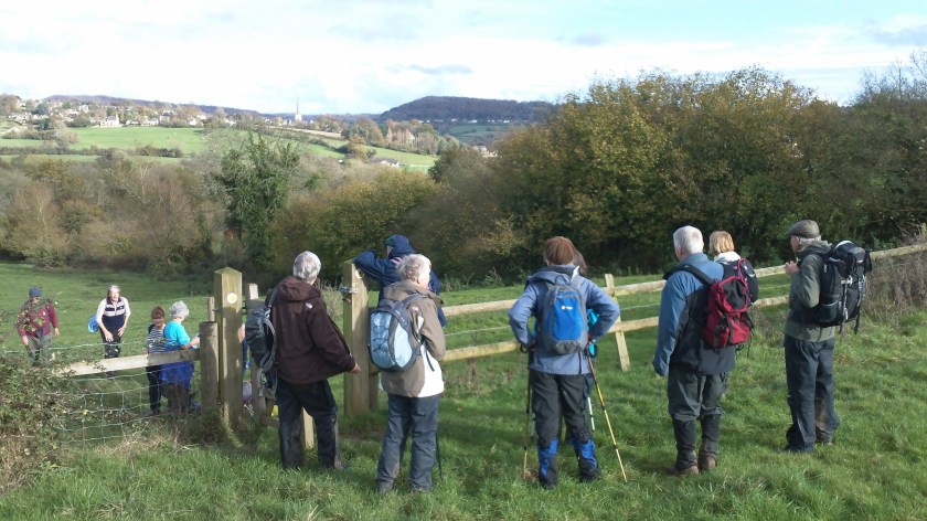 Group looking back at Painswick Village Spire