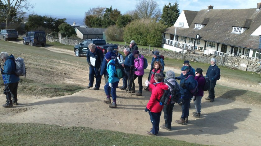 Group gathering their breadth near the Cleeve Common Golf Club at mid point of the walk.