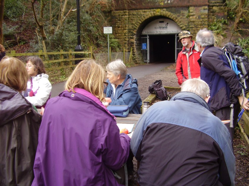 Group having refreshments near the SusTrans Rail Tunnel entrance