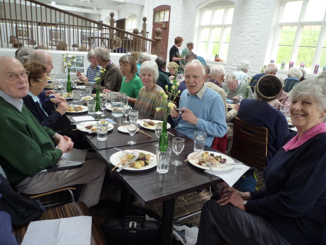 Members enjoying their lunch in the "Cow Barn" at Tyntesfield